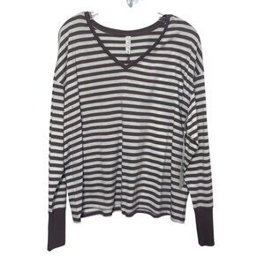 Stylus Striped V-Neck Long Sleeve Top Womens XL Brown White New